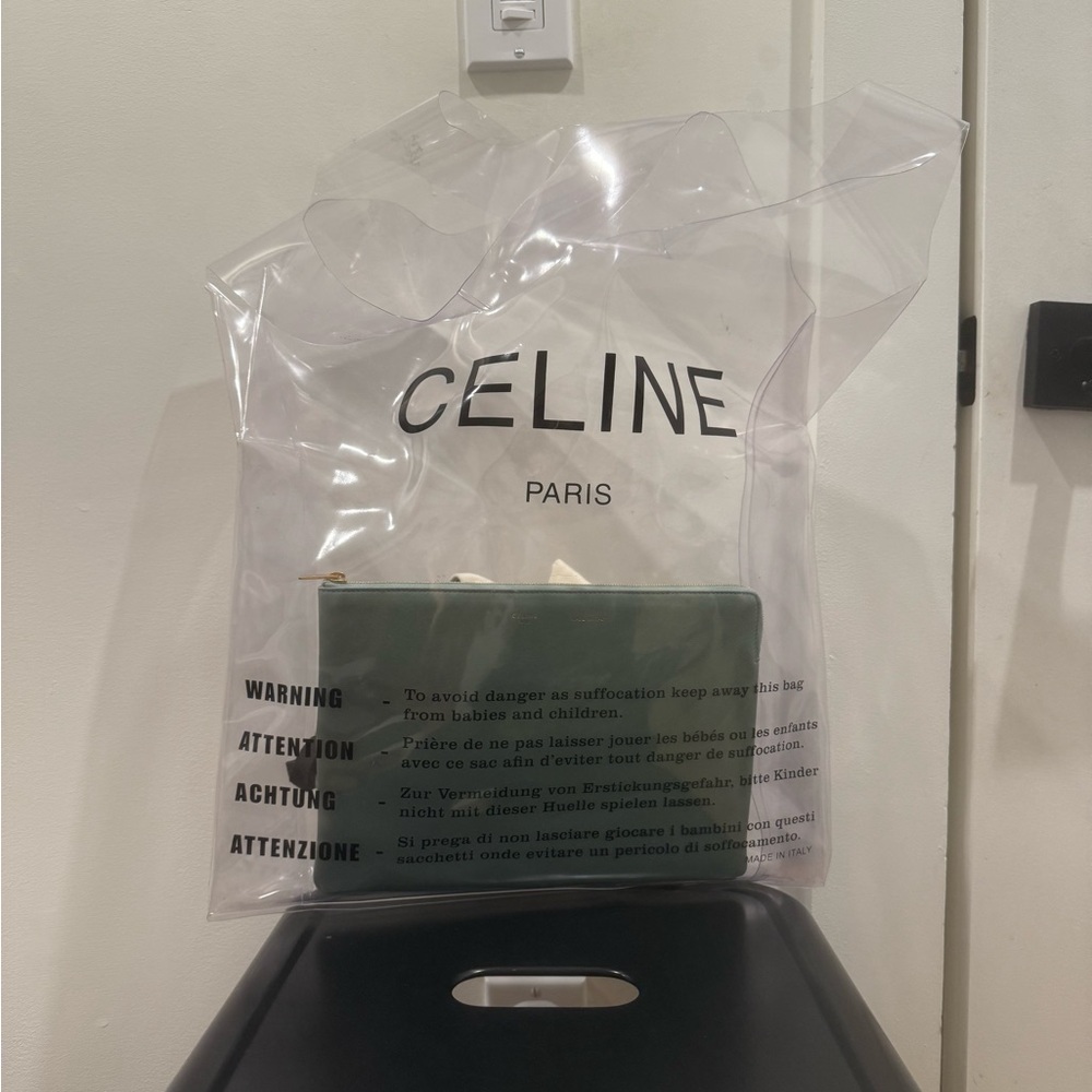 NEVER USED Celine by Phoebe Philo Clear PVC Tote with Green Leather Pouch